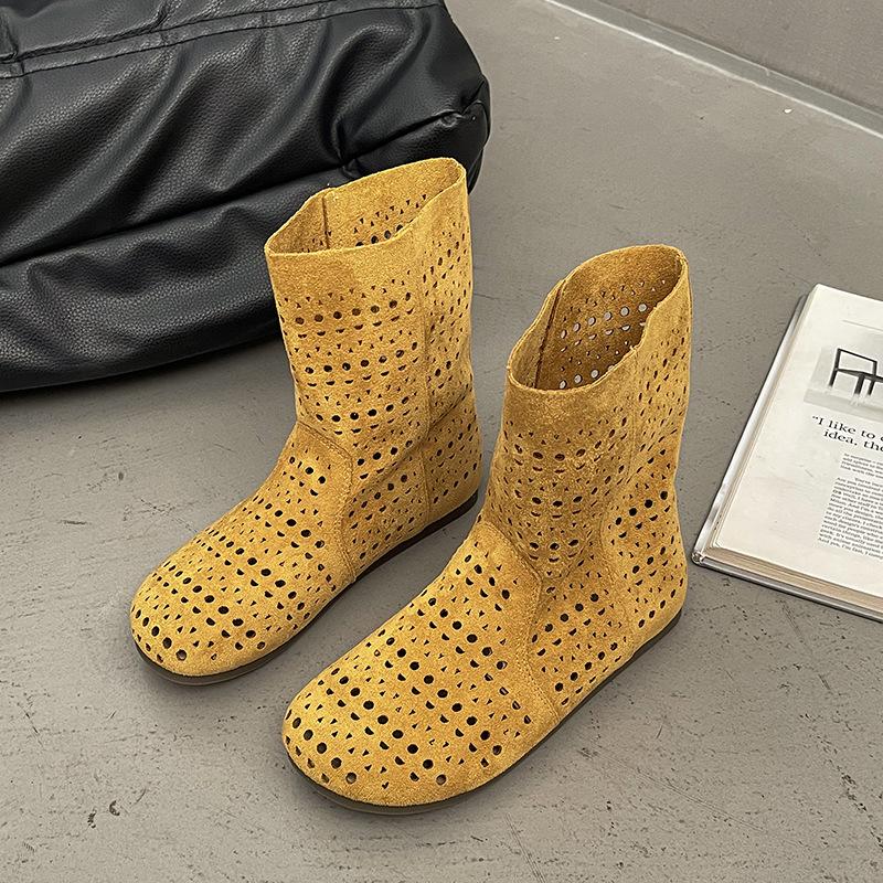 

Women s Summer Boots Breathable Hollow Slip-on Sandals Flat Bottom Medium Tube Short Boots Size35 40 Botas Para Mujer 39 жовтий
