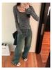 Korean Square Neck Flare Sleeve Slimming Retro Striped Long Sleeve Top for Women