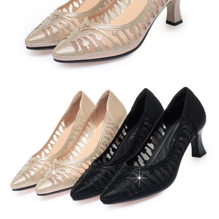 Kvėpuojantys aukštakulniai moterims vasarai Baotou tinklelis cirkonio smailianosiai tuščiaviduriai moteriški sandalai