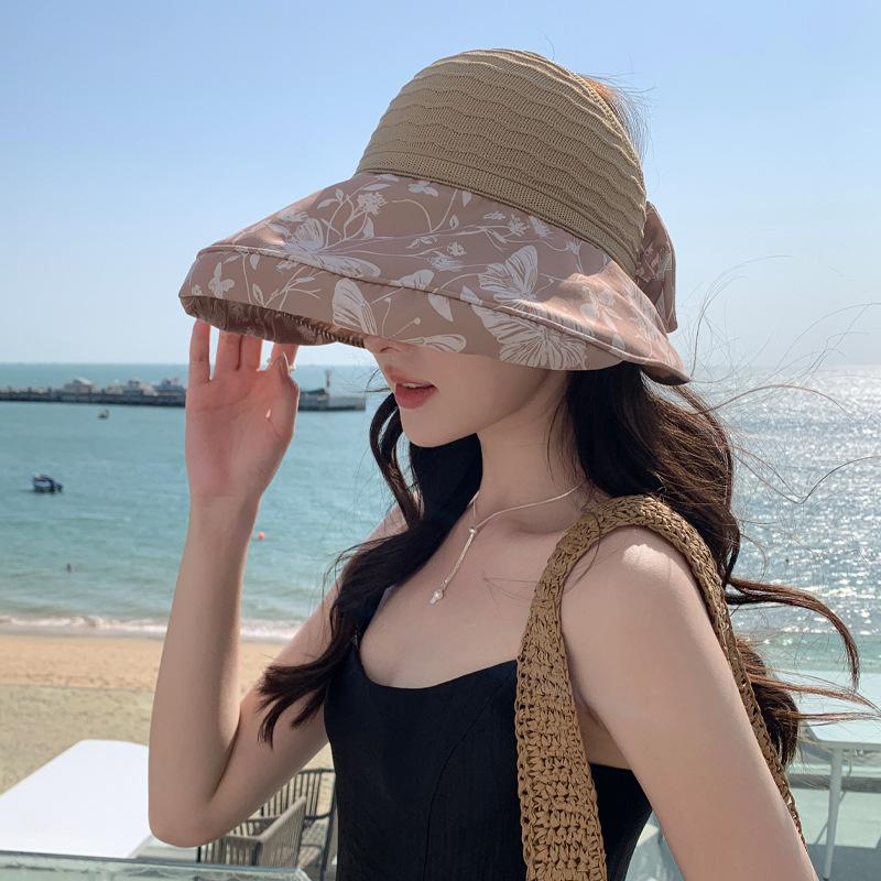 Summer sunscreen visor children empty top knitted big edge sun hat UV protection summer foldable