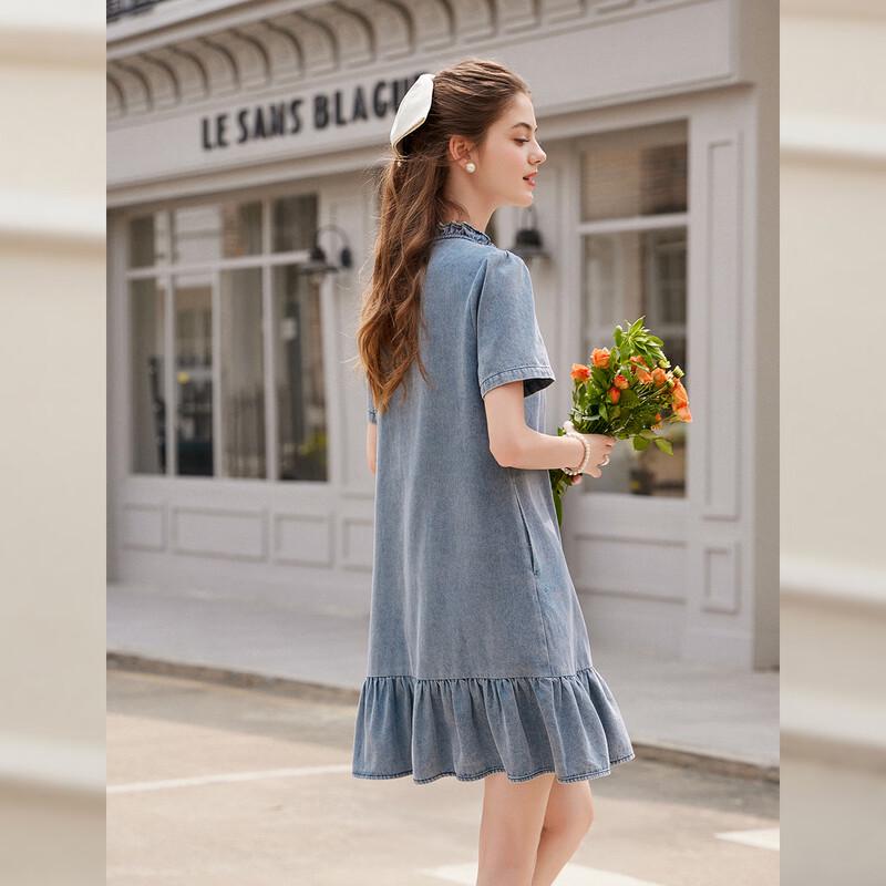 Women's Embroidered Ruffle Denim Midi Dress