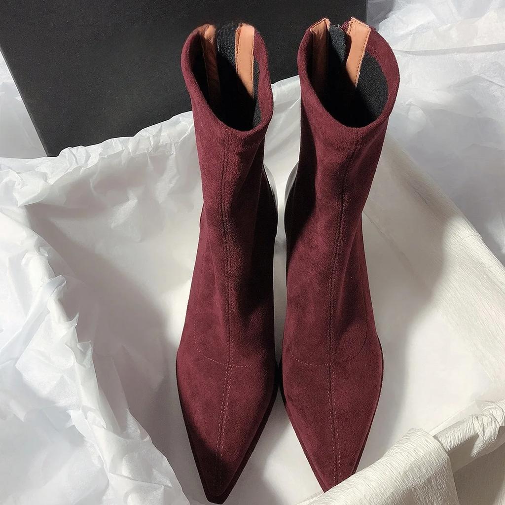 Spring and Autumn Fashion Solid Color High Heels Thin Boots Thick Heels Pointed Women's Boots Back Zipper Short Boots