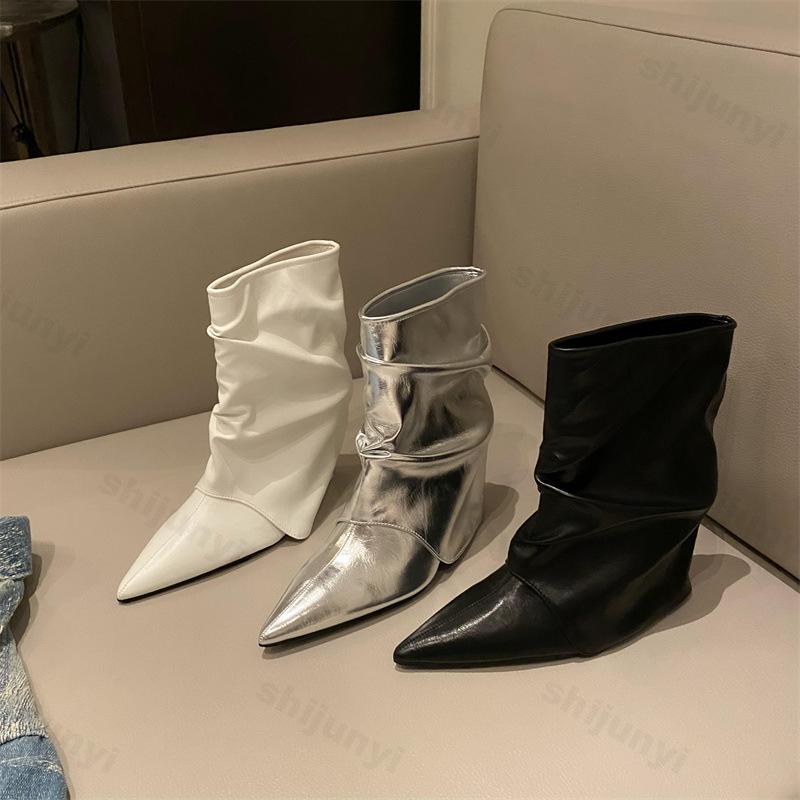 Women Pu Leather High-heel Boots Pointed Toe Autumn Comfortable Anti Slip Outdoor Fashion Short Boot Retro Anti Slip Botas Mujer