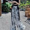Plus Size Chinese Ink Painting High Waist Wide Leg Summer Skirt-Pants for Women
