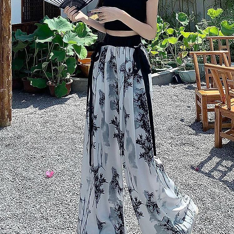 Plus Size Chinese Ink Painting High Waist Wide Leg Summer Skirt-Pants for Women
