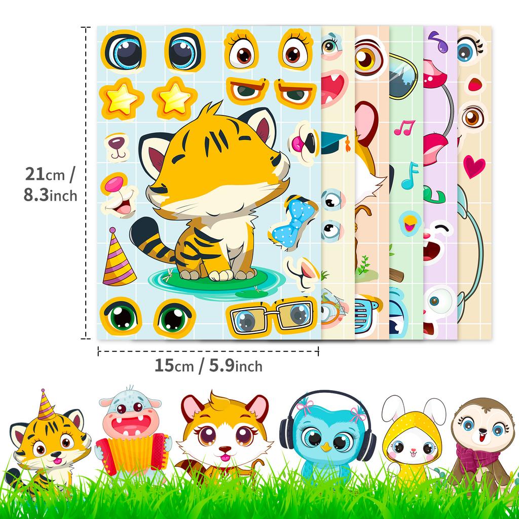 6 Photos/pack of Cute Cartoon Animal Face Swap DIY Puzzle Stickers for Children's Early Education Thinking Training Stickers