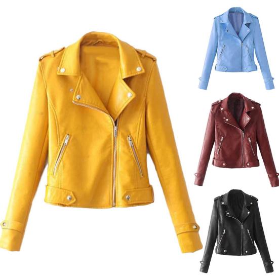 Solid Color Women Faux Leather Lapel Motorcycle Jacket Long Sleeve Zip Up Coat