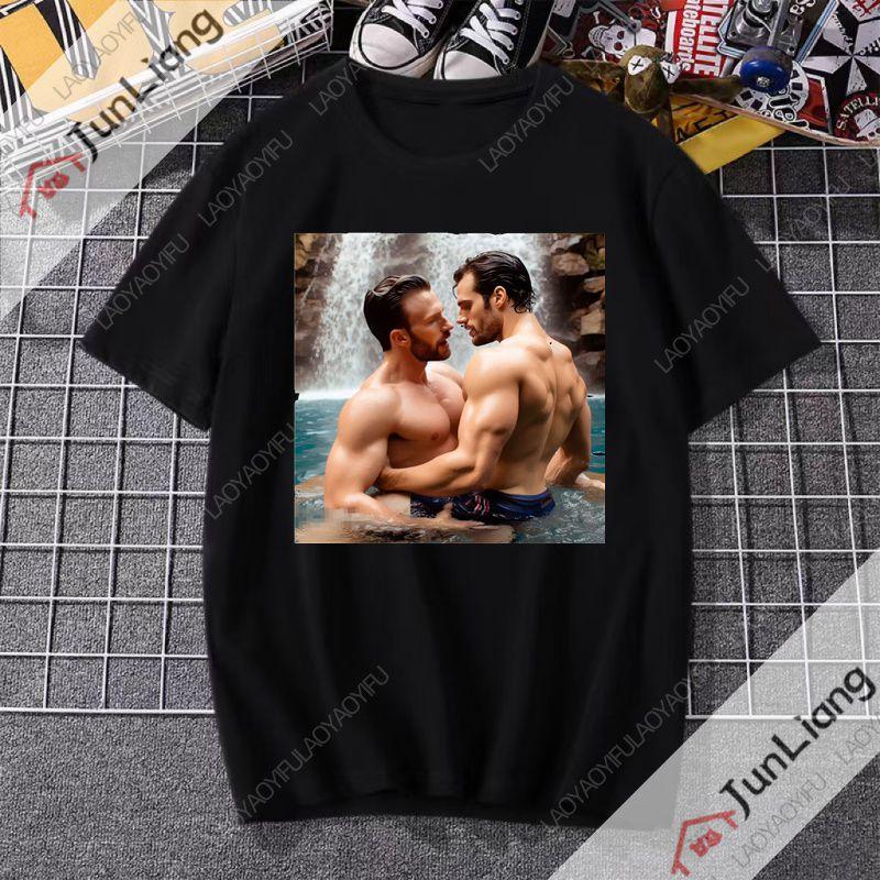 Henry Cavill and Chris Evans Shortsleeved Crewneck Tshirts Trendy Original Streetwear for Men from Harajuku