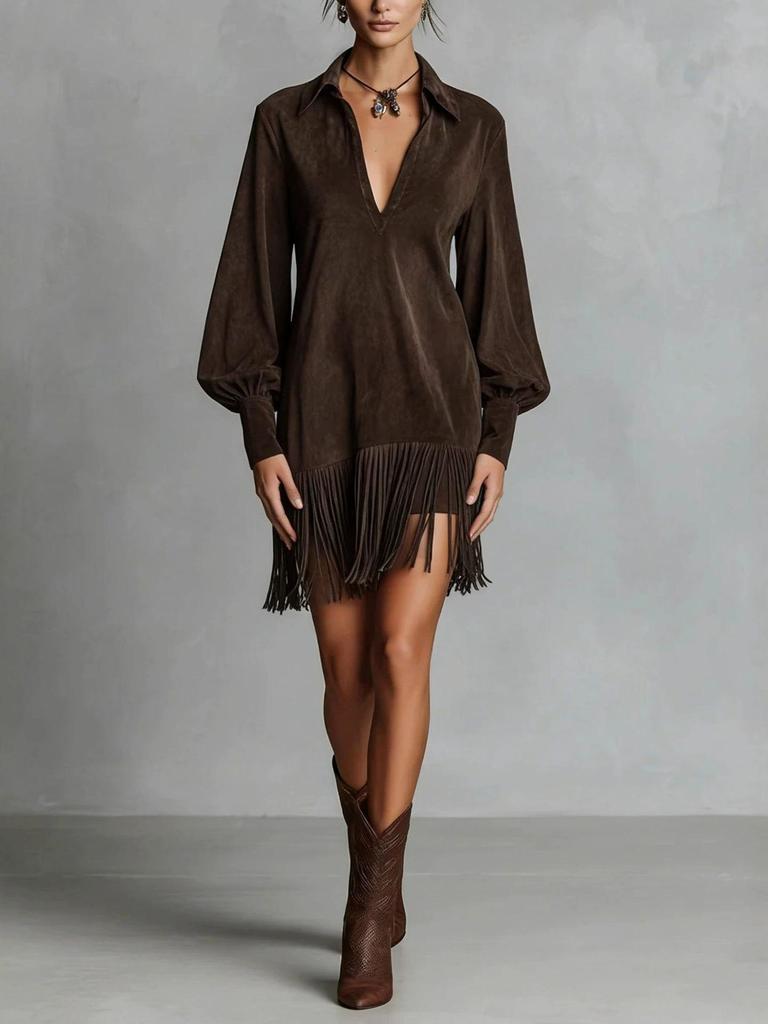V-neck Faux Deerskin Dress with Fringe Hem and Lapels, Long Sleeve, European & American Style  