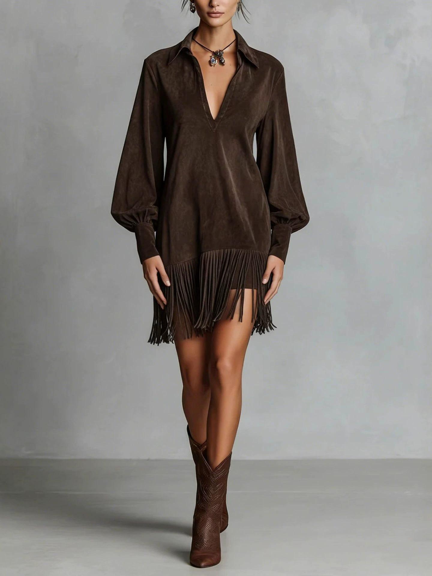 V-neck Faux Deerskin Dress with Fringe Hem and Lapels, Long Sleeve, European & American Style S