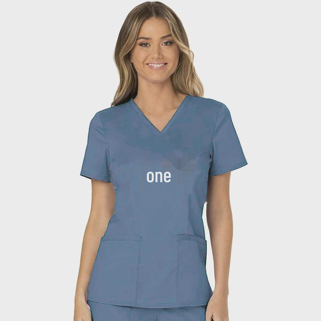 European & American Heartbeat Love Print Nurse Uniform, V-Neck, Double Pocket, Short-Sleeve T-Shirt, Large Size