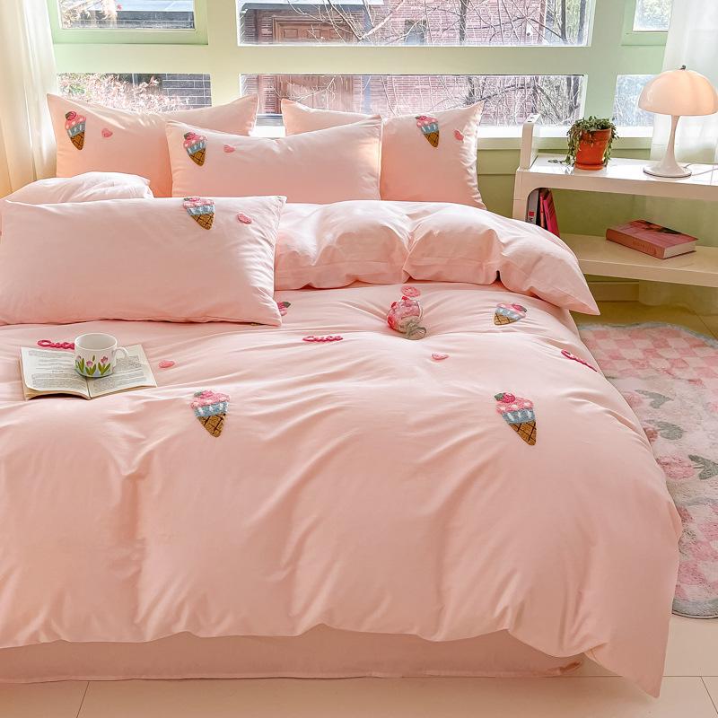 Pure Cotton Cartoon Towel Embroidered Bedding Set: Includes Quilt, Bed Sheet, and Pillowcases