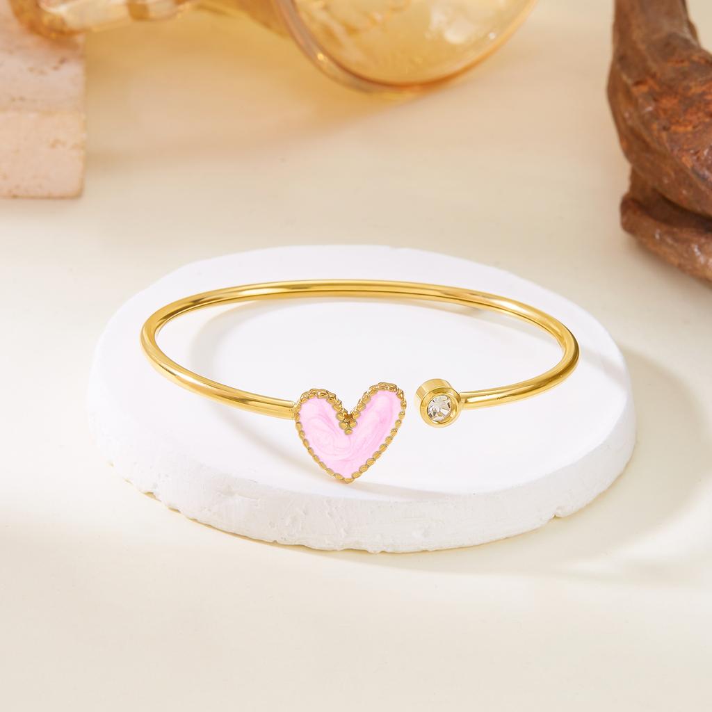 New Trendy Gold Plated Simple Heart Cuff Bangles for Women High Quality Stainless Steel Crystal Bracelets Waterproof Jewelry