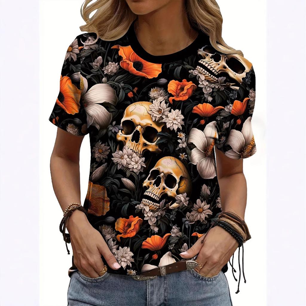 Summer Round Neck 3D Kull Print Top Fashionable Casual Short Sleeved Women's T-shirts