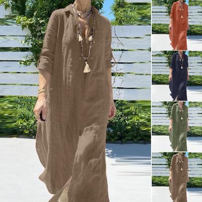 Robe Maxi Femme Col V Revers Vintage Manches Longues Fente Ourlet Plus