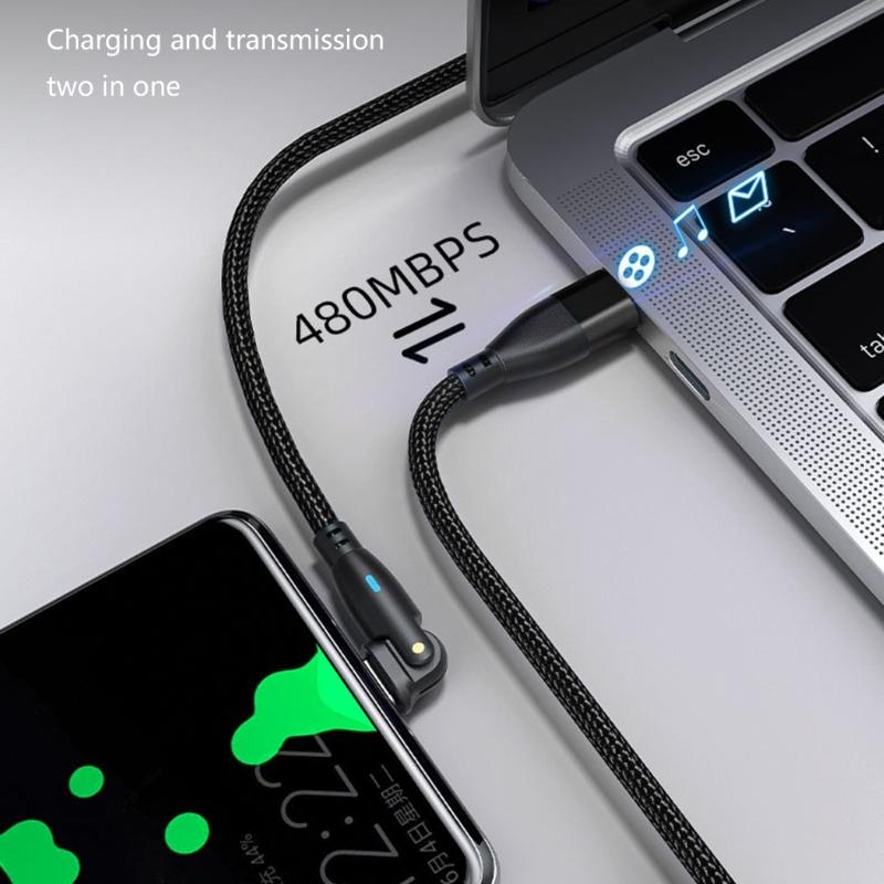 60W Power Type C Cable with Led Lighting Nylon Wrapped USB C Fast Charge Cord 180 Degree Adjustable Heads For Convenient