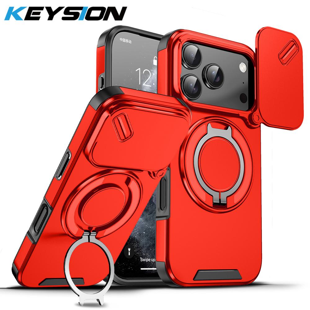 KEYSION 360° Rotating Ring Stand Phone Case for iPhone 17 Pro Max Silicone+PC Slide Camera Protection Magnetic Shockproof Cover
