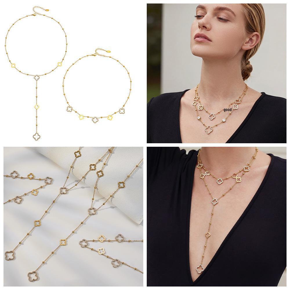 18K Gold-Plated Y-Shaped Tassel Necklace with Ultra-Shiny Zircon and Lucky Flower Design