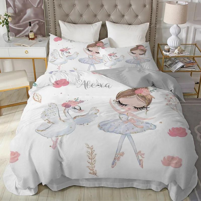 Modern Lovely Princess Kids Bedding Set Twin Size Microfiber Cartoon Unicorn Swan Ballet Girl Print Duvet Cover With Pillowcases
