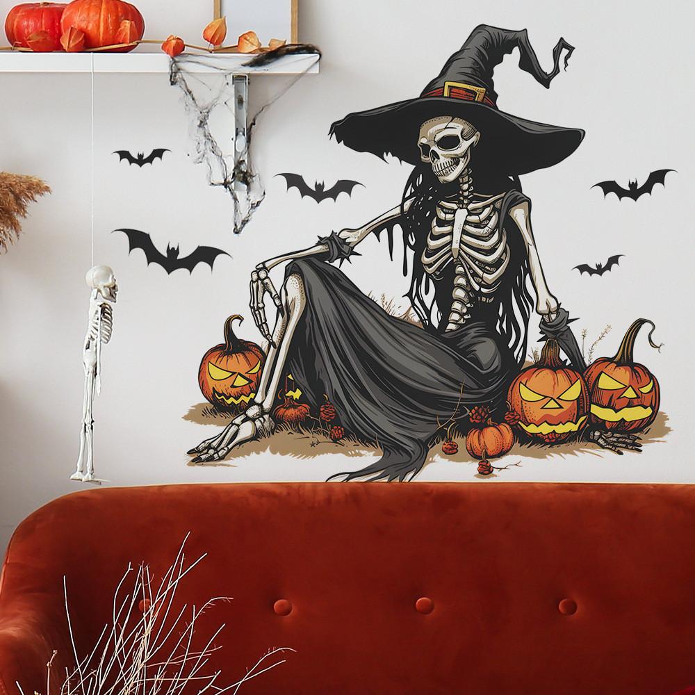 Halloween Witch Skeleton Pumpkin Bat Living Room Foyer Background Decor Stickers