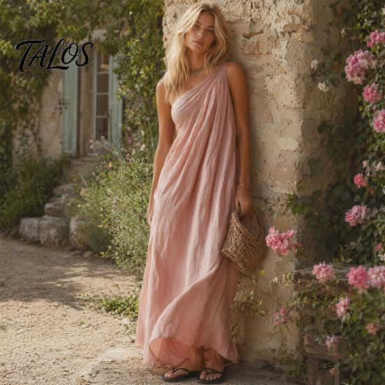 Talos Women's Summer One Shoulder Beach Sundress, Pleated A-line Flowy Long Dress, Casual Loose Travel Vacation Dress