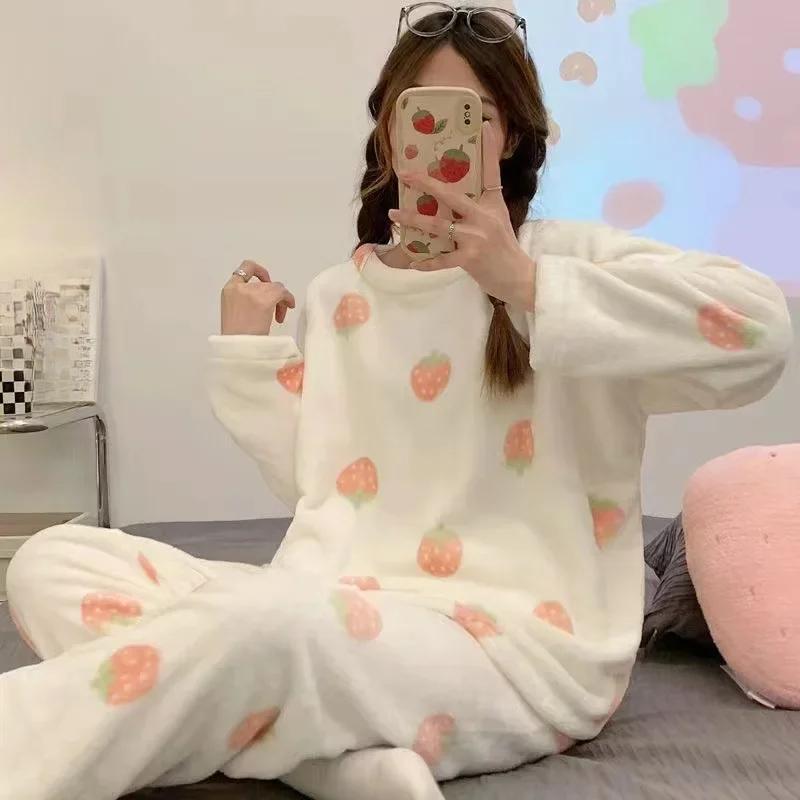 Warm Sleepwear for Winterthickened Plus Size Coral Velvet Pajamas Women Warm Long Sleeve Solid Color Plaid Trousers Home Suit