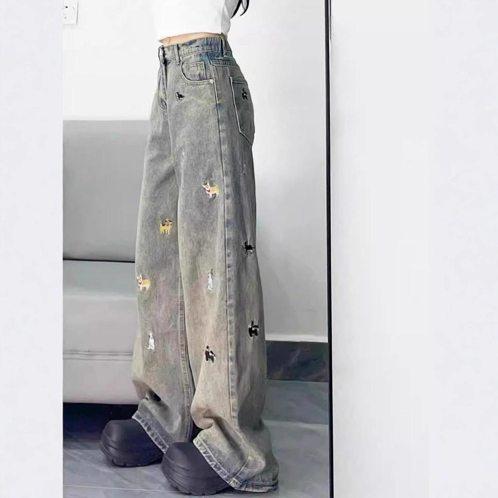 Comfortable Embroidered Puppy Dog Fun Jeans Women's Autumn Big Yards High-waisted Straight Loose Wide-legged Trousers Jeans for Women Long Denim Pants
