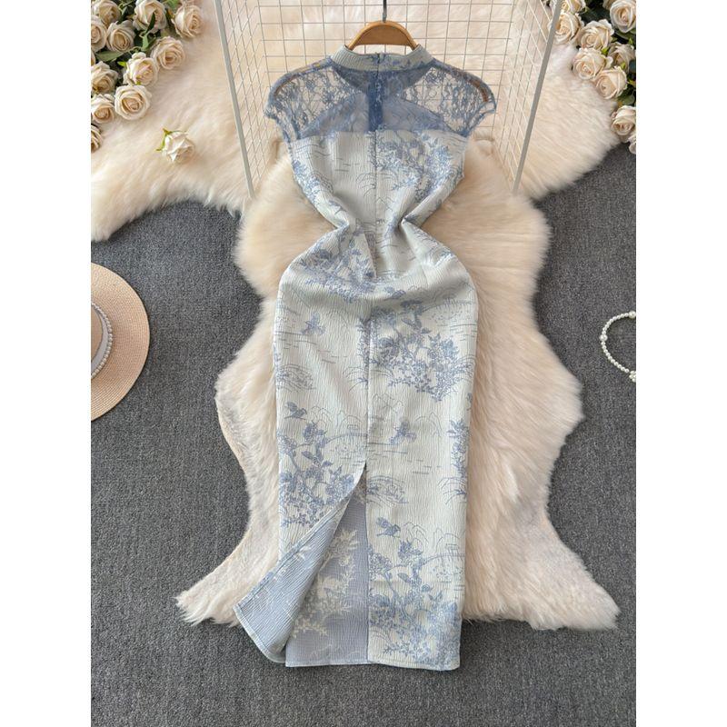 New Chinese Style Improved Cheongsam Short Dress Women's Summer New Arrival Waist-Tight Slimming Sense of Design National Style Lace Patchwork Dress