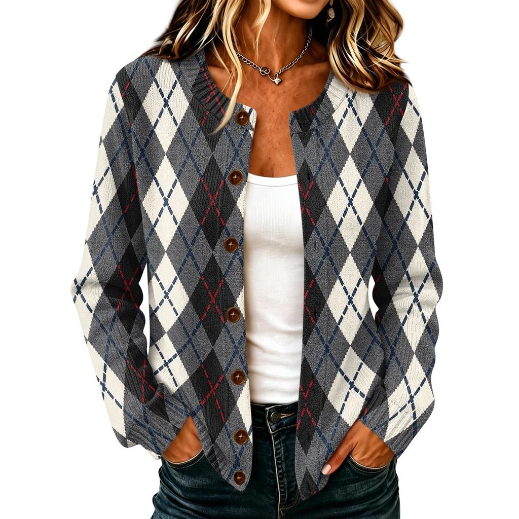 Women's Casual Plaid Print Long Sleeve Button Front Knit Cardigan Sweater Outerwear