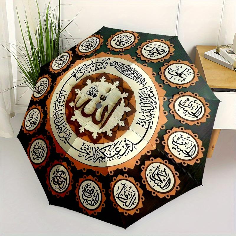 

Islamic Calligraphy, Geometric Patterns Automatic Folding Umbrella 8 Ribs, Durable Iron Frame, Bright Color Pattern Compact Travel Umbrella