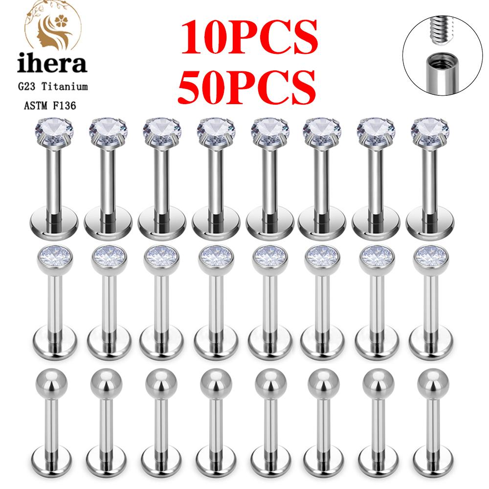 10/50PCS G23 Titanium Piercing Labret Lip Studs 16G CZ Internally Threaded Stud Earring Lip Ring Tragus Cartilage Helix Jewelry