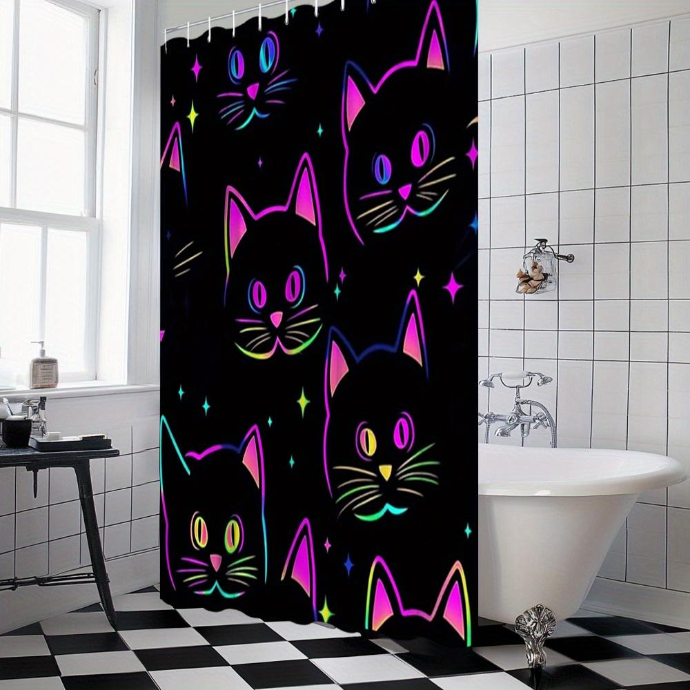 Cats Shower Curtain Colorful Glowing Cat Faces On Black, Retro Futuristic Art Bath Curtain For Modern Home And Bathroom Decor