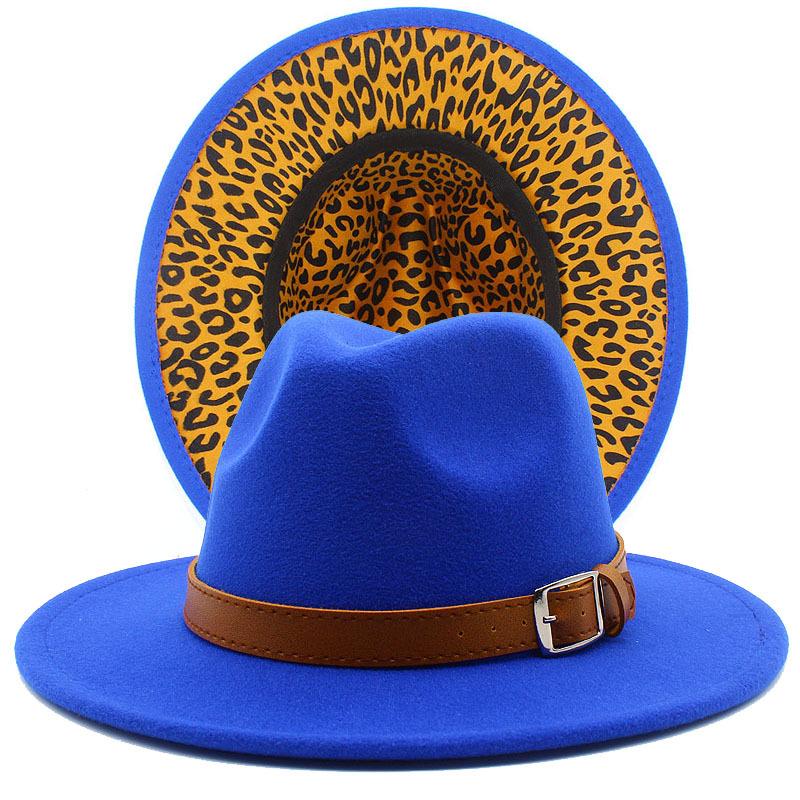 Autumn and winter new leopard print woolen top hat outdoor big edge warm felt hat belt British style jazz hat Wish