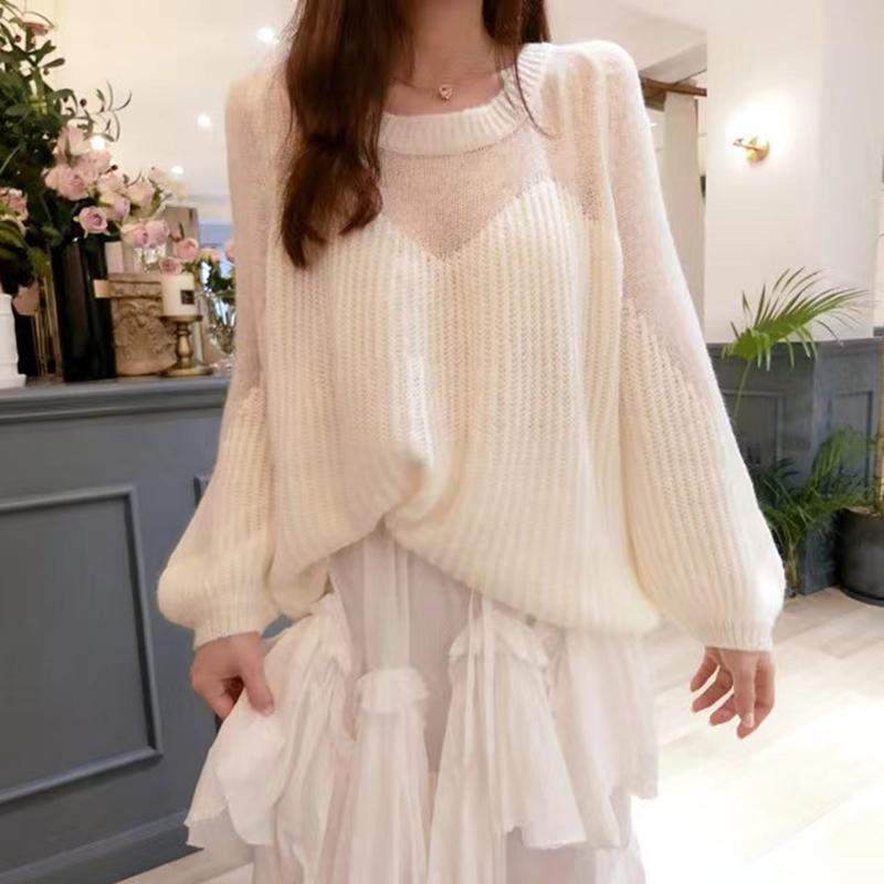 Fashion Knitted Pullover Loose Women Sweater Elegant Casual Simple Lantern Long Sleeve Tops Sweet Hollow Out Sweaters Autumn Woman Clothes
