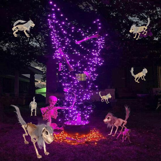 Halloween Skeleton Dog Decoration Posable Standing Dog Skeleton with Movable Joints Plastic Full Body Dog Bone with Mane