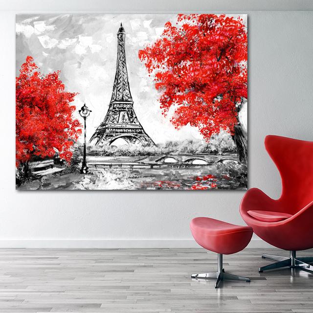 Solid Wood Frame Rain City Street Scenery Paris Canvas Painting Landscape Red Tree Yellow Car Pictures For Living Room Wall Art Decor