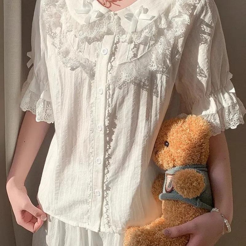 Women's Peter Pan Collar Lace Ruffle Bow Short Sleeve Blouse