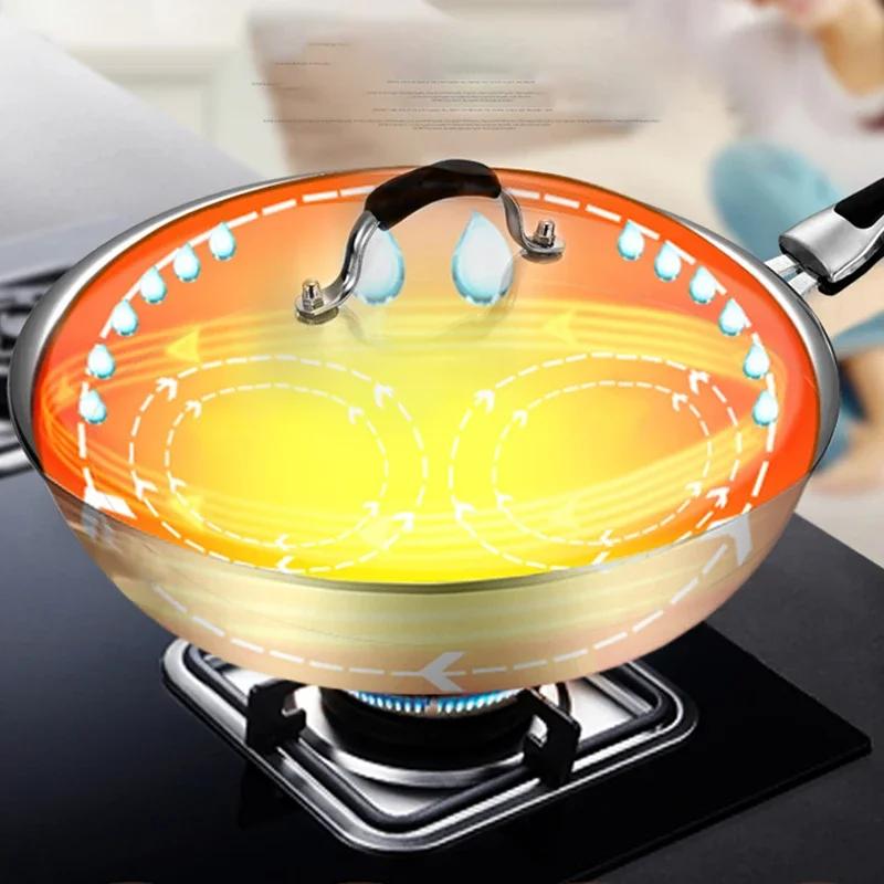 32cm Fume-free Non-stick Pan Wok 304 Stainless Steel Frying Pan with Glass Cover Household Uncoated Wok Cooker Gas Suitable