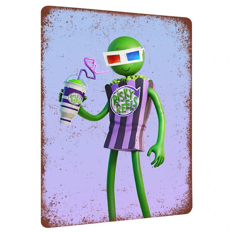 

Risky Reels Themed Metal Wall Art Green Character Glasses Popcorn Drink Decorative Painting 20x30cm（7.8x11.8inch）