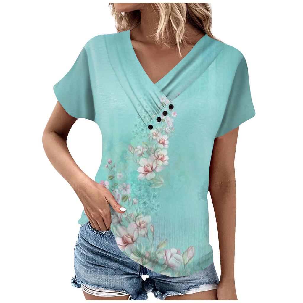 Women's Fashion Casual V-Neck Short Sleeve T-Shirt Pleated Printed Button-Up
