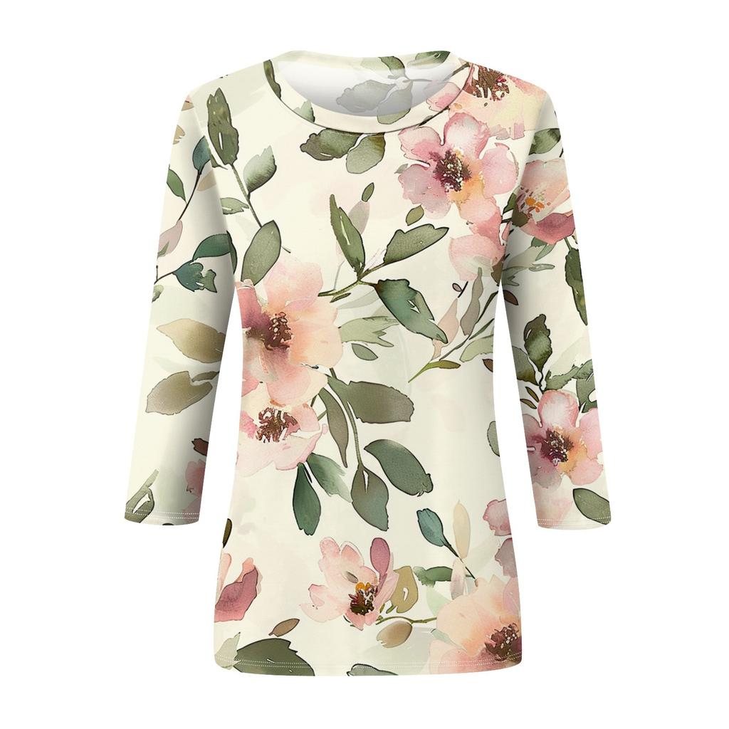 Damenmode Lässig Rundhals Bedrucktes 3/4 T-Shirt Top