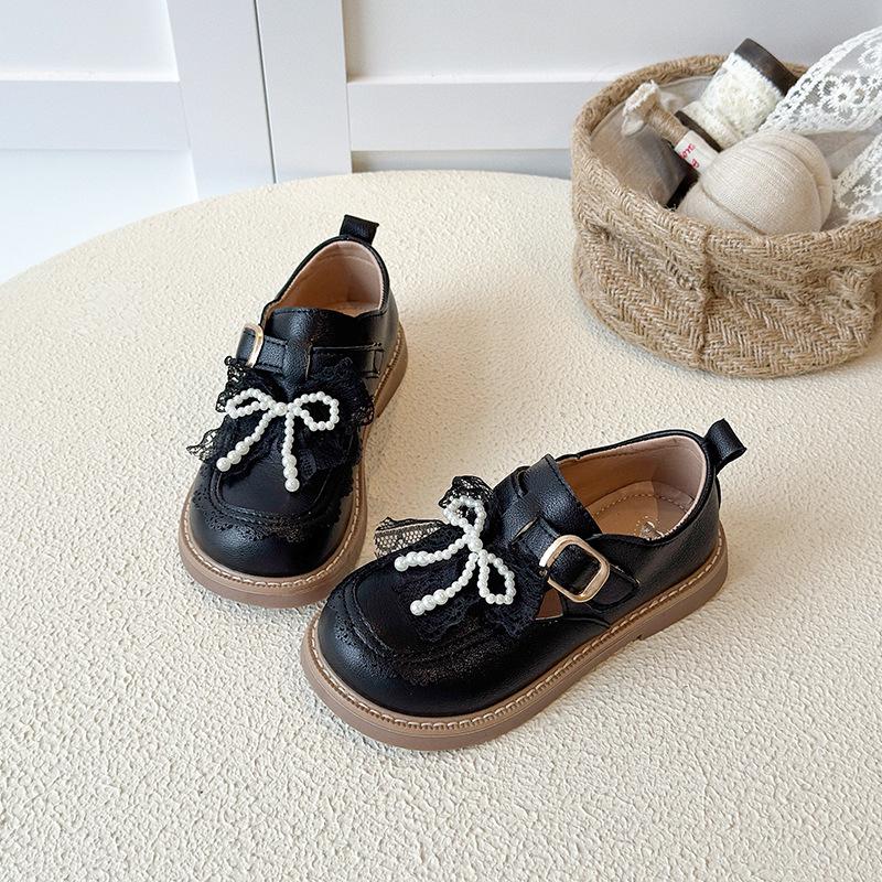 Girls' 2025 Autumn Leather Princess Shoes - Black Bow Mesh