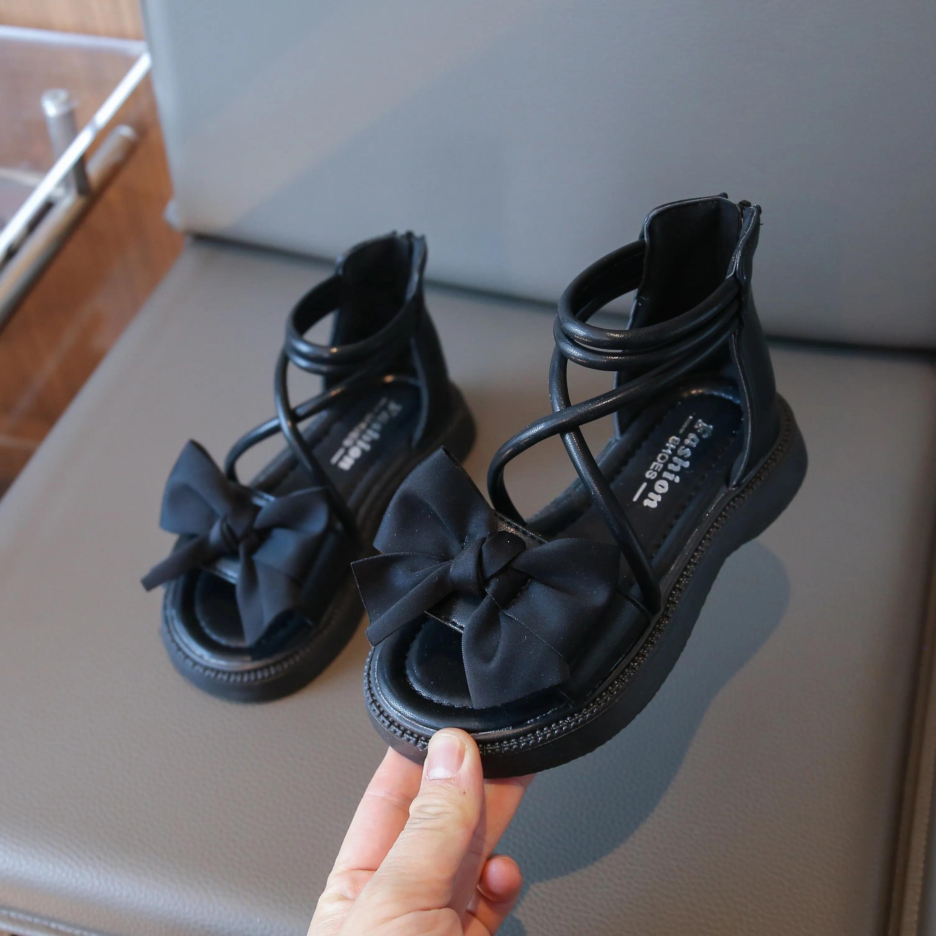 

Girls Beach Shoes 2025 Summer Brand New Children Gladiator Sandals Kids Rome Sandals with Bow-knot with Back Zipper Soft Fashion 26 чёрный