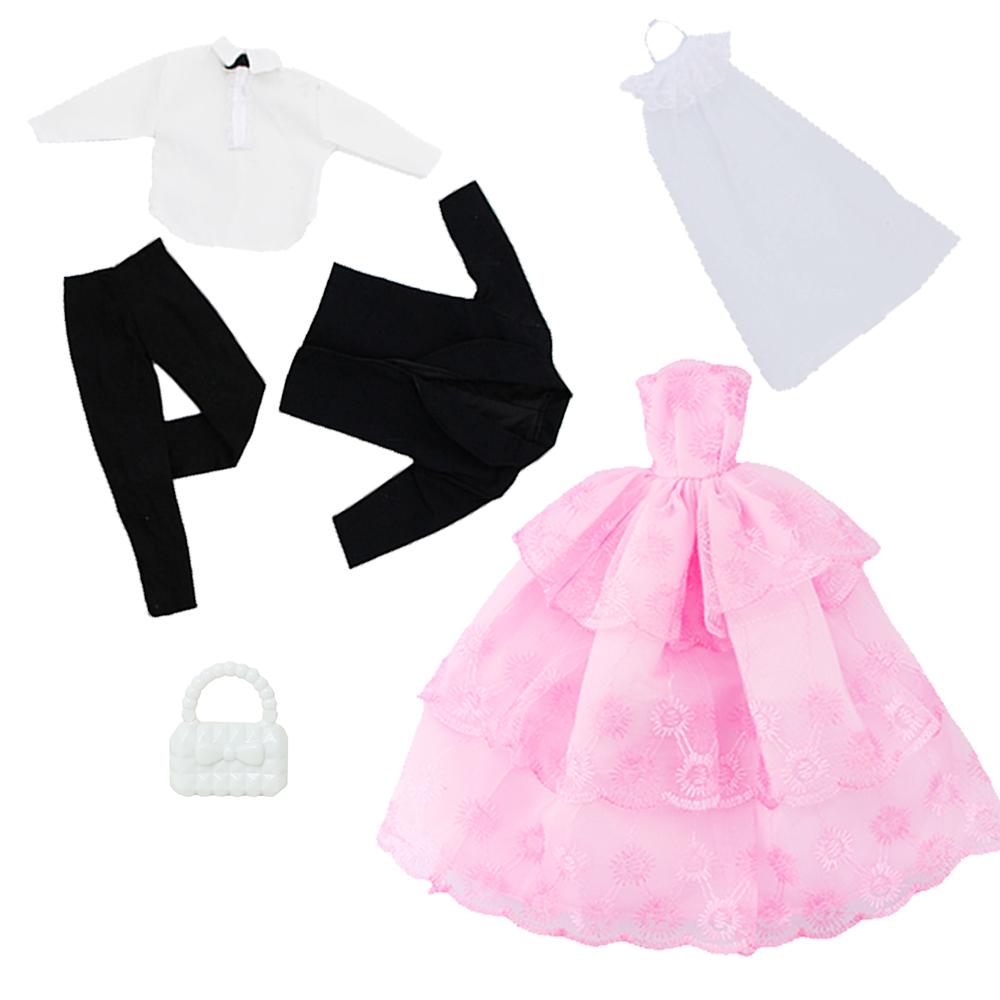 Wedding Doll Clothes for Barbie Ken Dolls Pink Gown with Veil Black Suit Fashion Shoes Outfits 1/6 30cm Doll Toy(NO DOLLS)