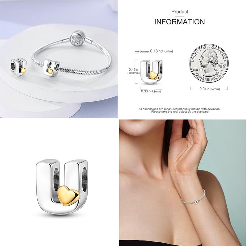 Neuer 26 A-Z Alphabet-Bead S925 Sterlingsilber Herz LOVE Buchstaben-Charm Passend für Original Armband Armreif CZ Zirkonia Bead Schmuck