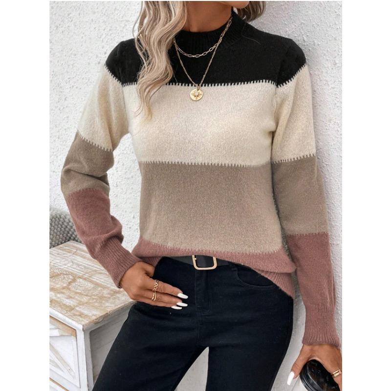 Women S Color Block Pullover Round Neck Long Sleeve Knit Sweater Casual Top