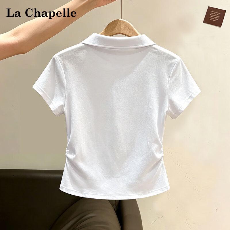 La Chapelle Women's Slim Fit Polo Neck Pleated Short Sleeve Top