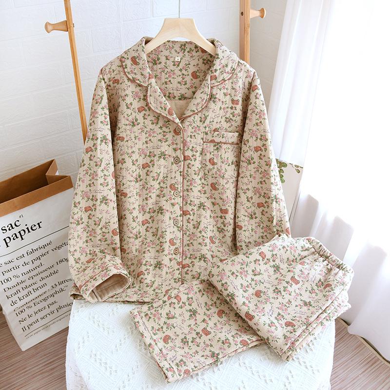 

Женский ретро кардиган с лацканами, пижамный комплект - Длинный рукав, Длинные брюки, Свободный крой, Большой размер, Идеально для осени и зимы Large