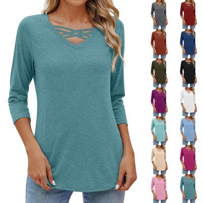 Tricou de damă casual, larg, de culoare uni, cu decolteu în V, cu bretele încrucișate, pulover cu mâneci 3/4