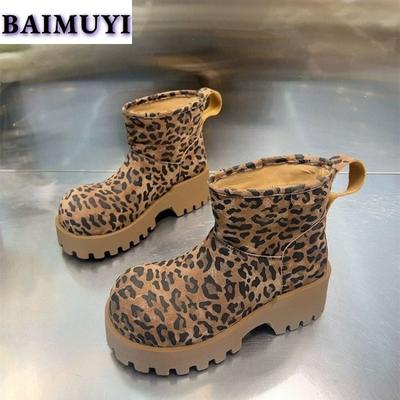 Leopardenmuster Plateau Stiefeletten Damen Chelsea Schuhe Fell Hohe Absätze 2025 Trend Marke Designer Winter Plüsch Baumwolle Botas Mujer